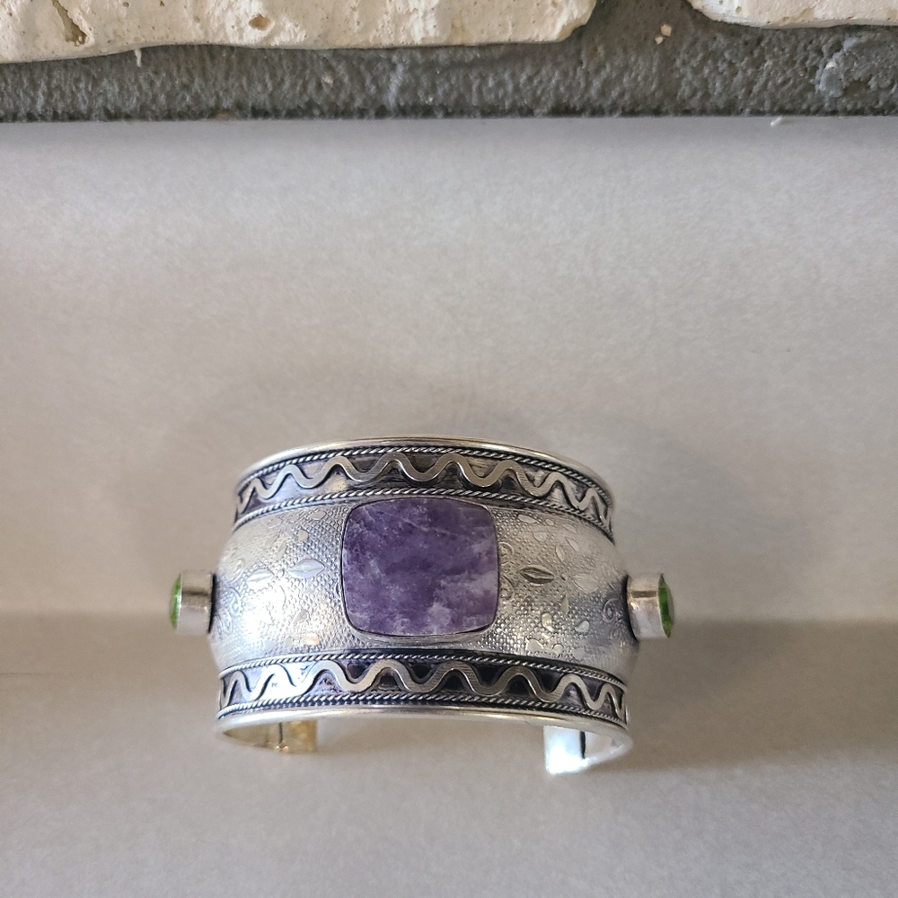 Charoite and Peridot Sterling Silver Large Cuff Adjustable Bracelet NEW